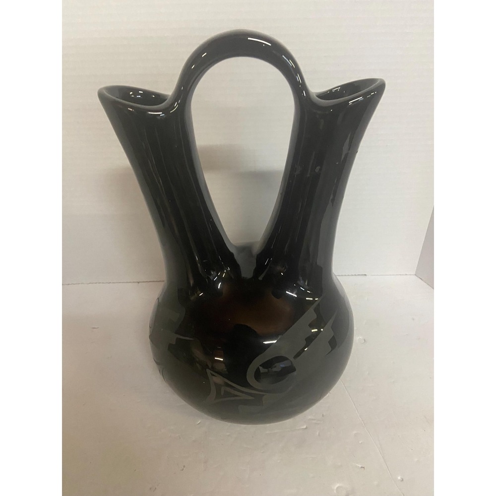 Vintage Dual Neck Signed T Day Navajo Black Wedding Vase With Matte Design 13"